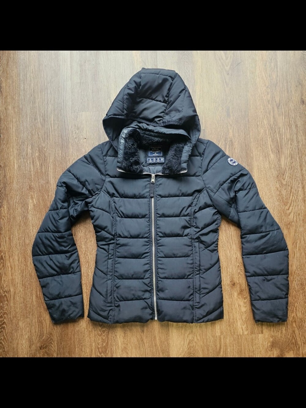 Abercrombie And Fitch Black Puffer Coat Jacket Womens XS Vintage Y2k Patch
